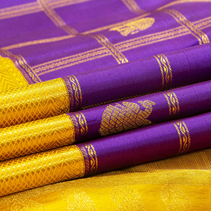 Violet And Yellow Kanchipuram Silk Saree With Zari Checks For Bridal Wear PV NYC 1762