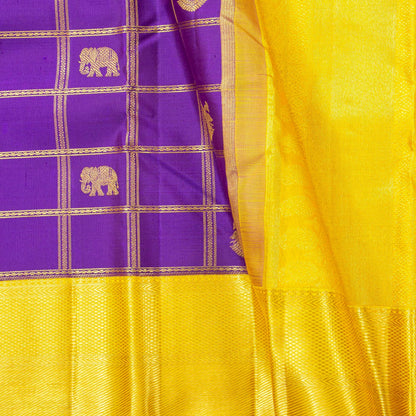 Violet And Yellow Kanchipuram Silk Saree With Zari Checks For Bridal Wear PV NYC 1762