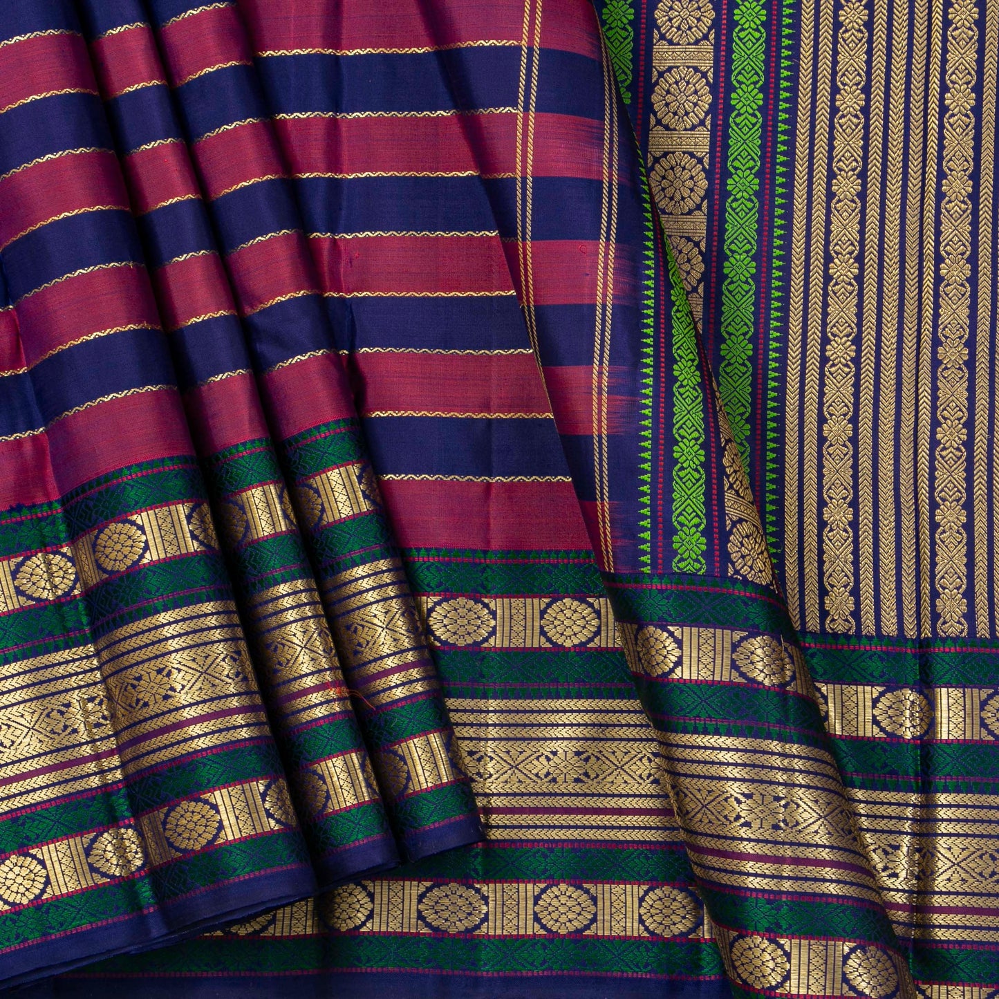 Navy Blue And Magenta Kanchipuram Silk Saree With Veldhari Stripes For Festive Wear PV NYC 1781