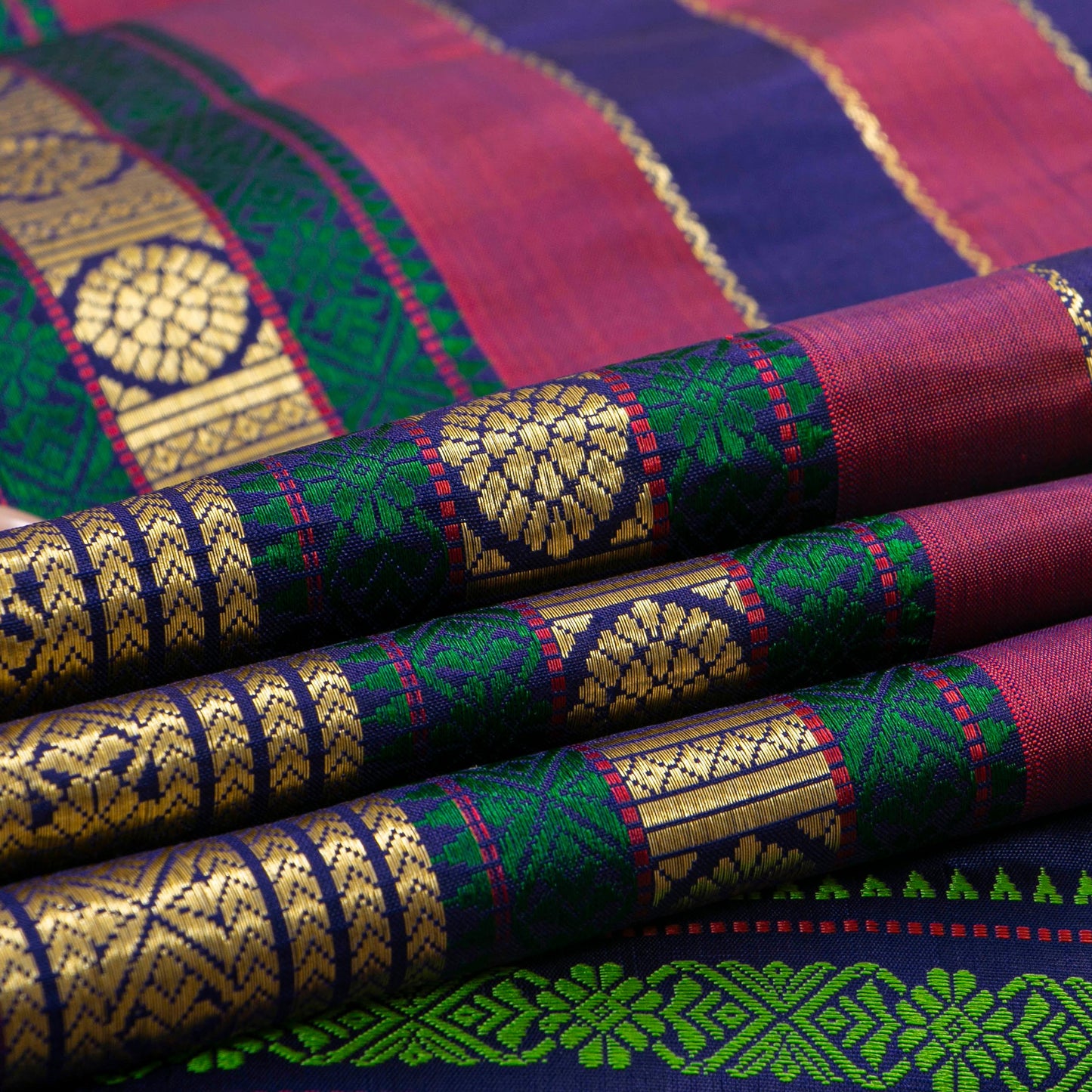 Navy Blue And Magenta Kanchipuram Silk Saree With Veldhari Stripes For Festive Wear PV NYC 1781