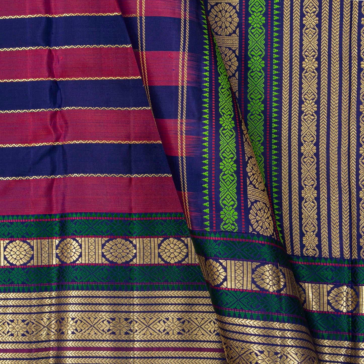 Navy Blue And Magenta Kanchipuram Silk Saree With Veldhari Stripes For Festive Wear PV NYC 1781