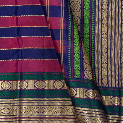 Navy Blue And Magenta Kanchipuram Silk Saree With Veldhari Stripes For Festive Wear PV NYC 1781