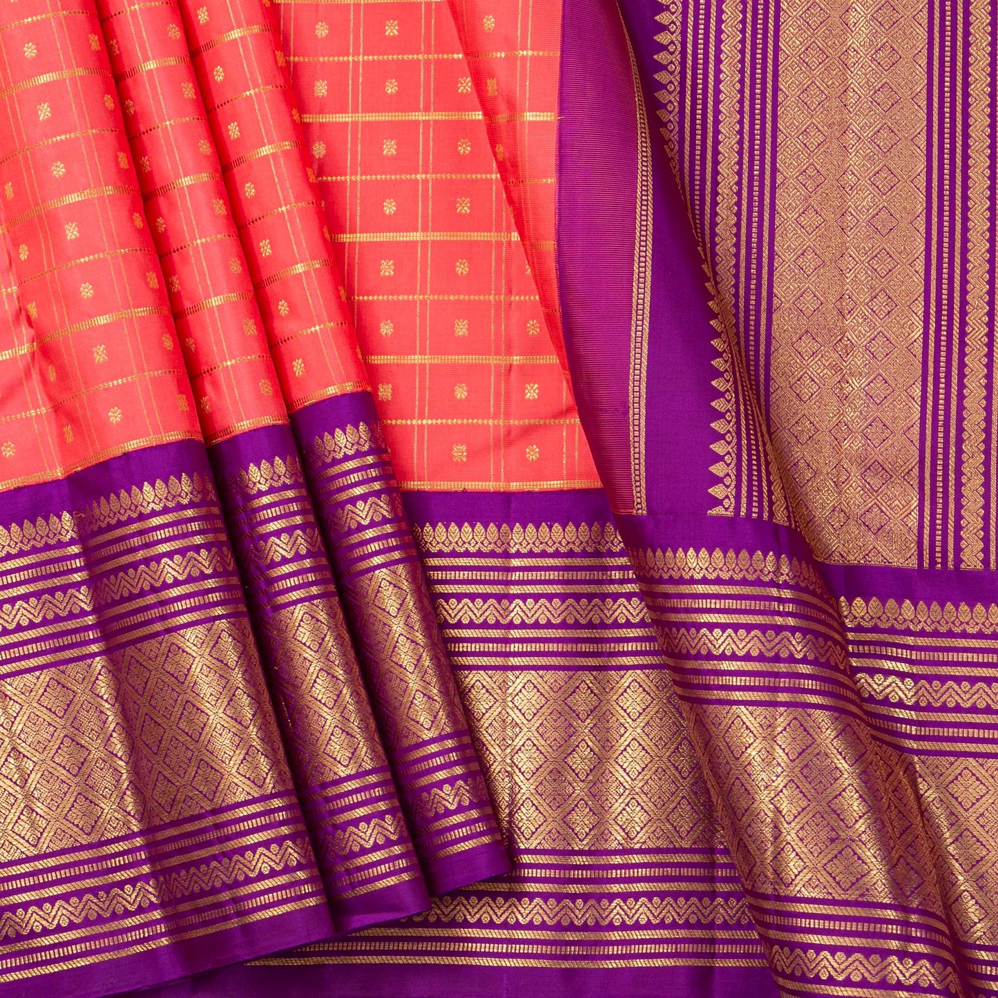 Peach And Purple Kanchipuram Silk Saree With Zari Checks For Bridal Wear PV NYC 1783
