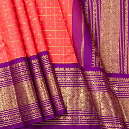 Peach And Purple Kanchipuram Silk Saree With Zari Checks For Bridal Wear PV NYC 1783 - Silk Sari - Panjavarnam PV NYC 1783