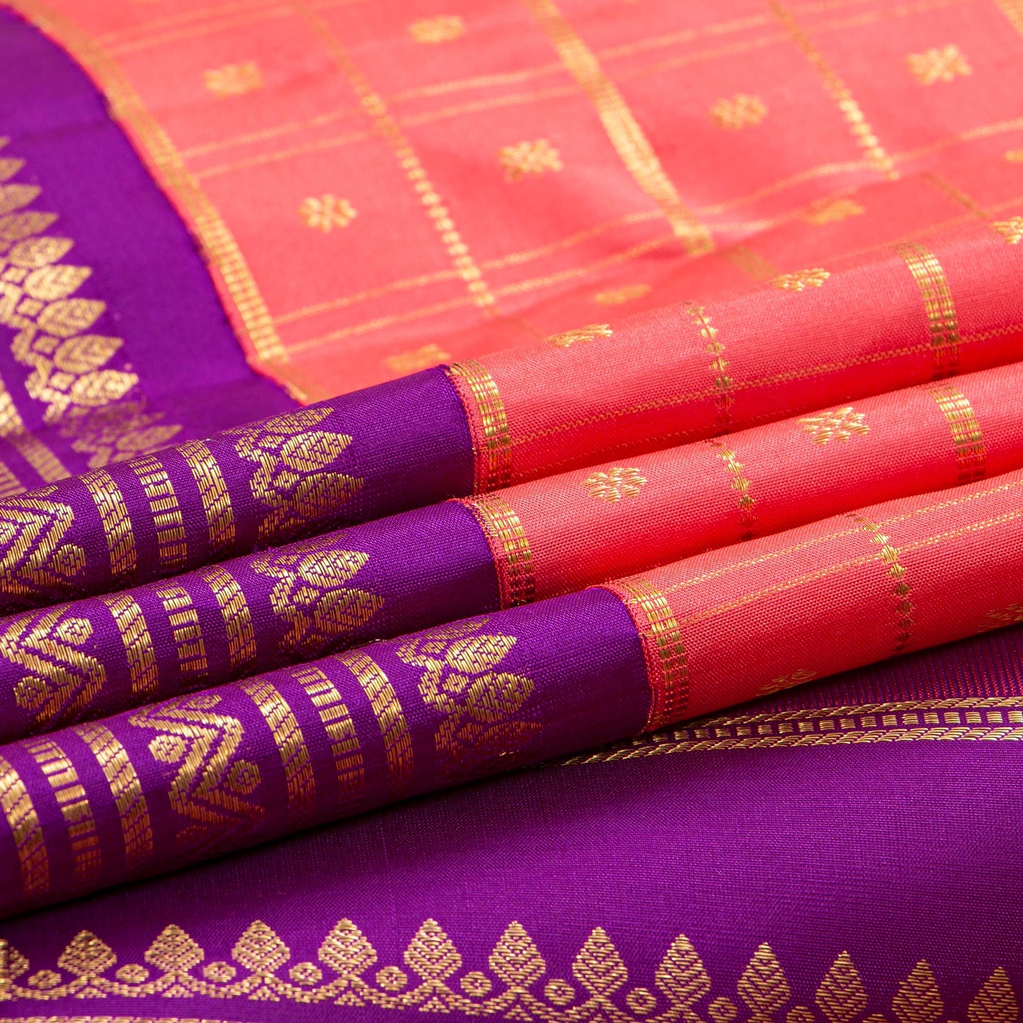 Peach And Purple Kanchipuram Silk Saree With Zari Checks For Bridal Wear PV NYC 1783