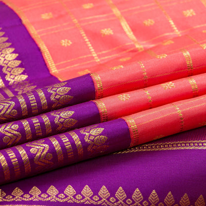 Peach And Purple Kanchipuram Silk Saree With Zari Checks For Bridal Wear PV NYC 1783