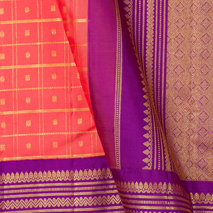 Peach And Purple Kanchipuram Silk Saree With Zari Checks For Bridal Wear PV NYC 1783