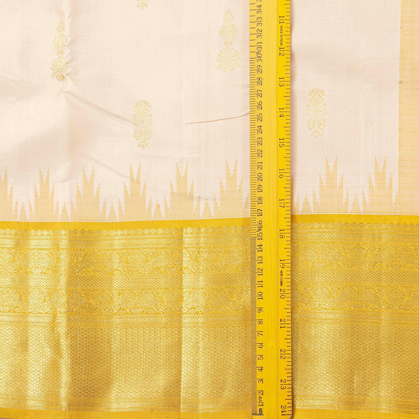 Off White And Mustard Kanchipuram Silk Sareee With Temple Korvai Border For Wedding Wear PV NYC 1757 - Silk Sari - Panjavarnam PV NYC 1757