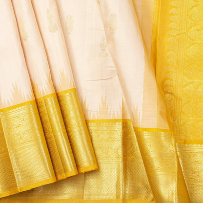 Off White And Mustard Kanchipuram Silk Sareee With Temple Korvai Border For Wedding Wear PV NYC 1757 - Silk Sari - Panjavarnam PV NYC 1757