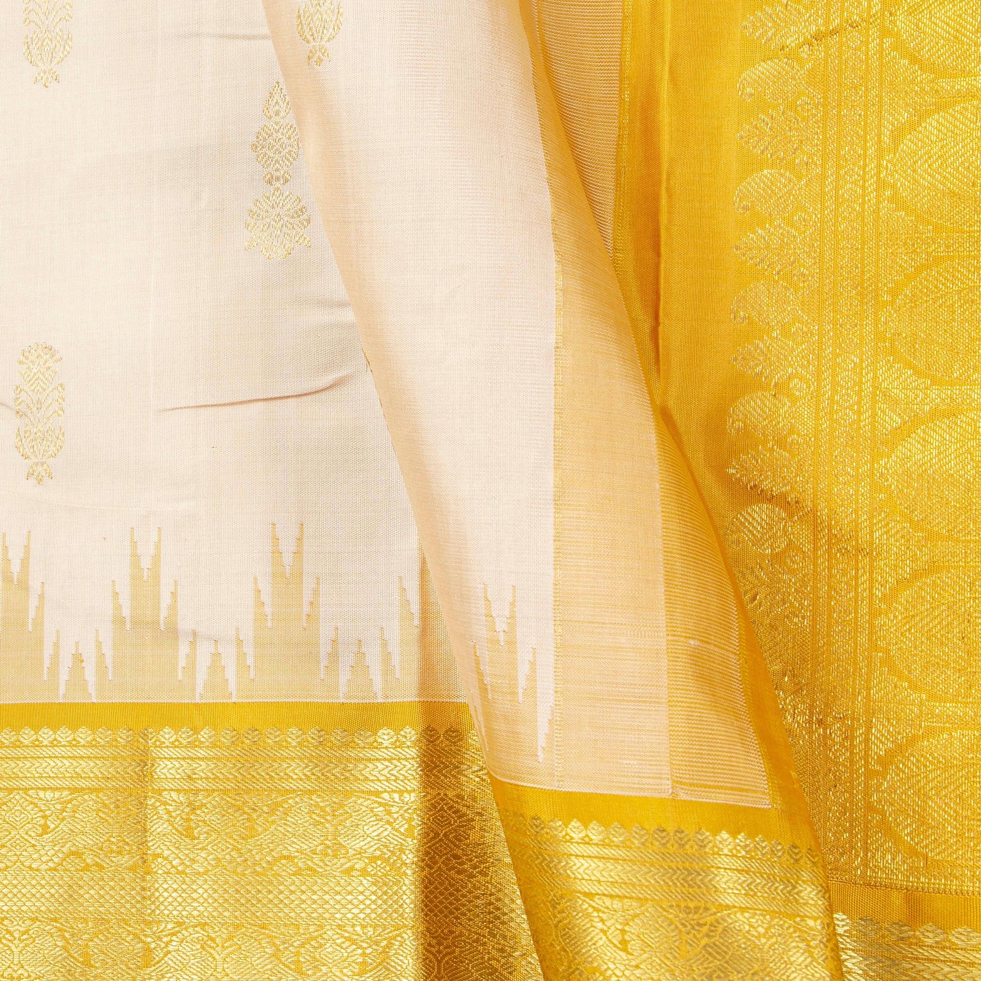 Off White And Mustard Kanchipuram Silk Sareee With Temple Korvai Border For Wedding Wear PV NYC 1757 - Silk Sari - Panjavarnam PV NYC 1757