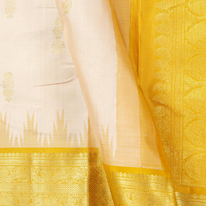 Off White And Mustard Kanchipuram Silk Sareee With Temple Korvai Border For Wedding Wear PV NYC 1757 - Silk Sari - Panjavarnam PV NYC 1757