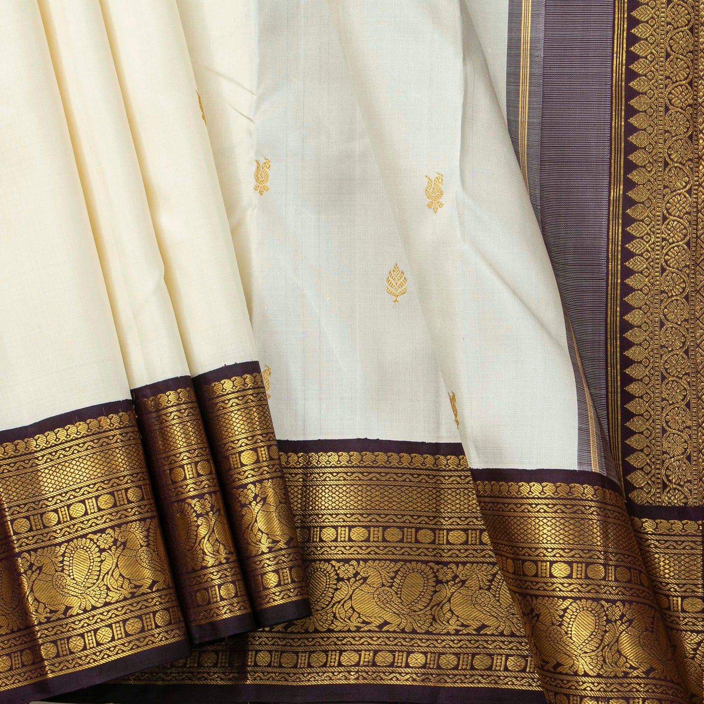 White And Purple Kanchipuram Silk Saree With Korvai Border For Festive Wear PV NYC 1749 - Silk Sari - Panjavarnam PV NYC 1749