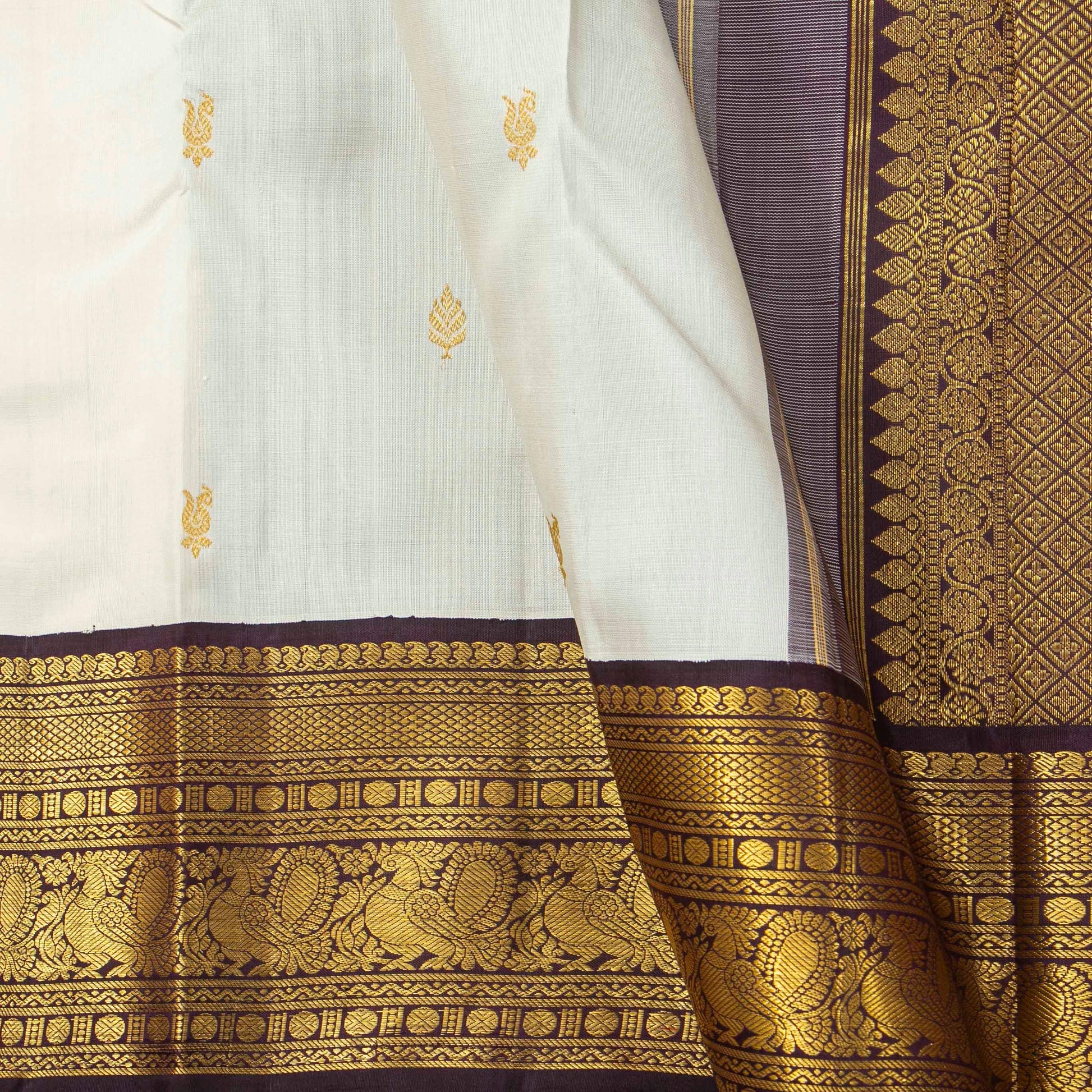 White And Purple Kanchipuram Silk Saree With Korvai Border For Festive Wear PV NYC 1749 - Silk Sari - Panjavarnam PV NYC 1749