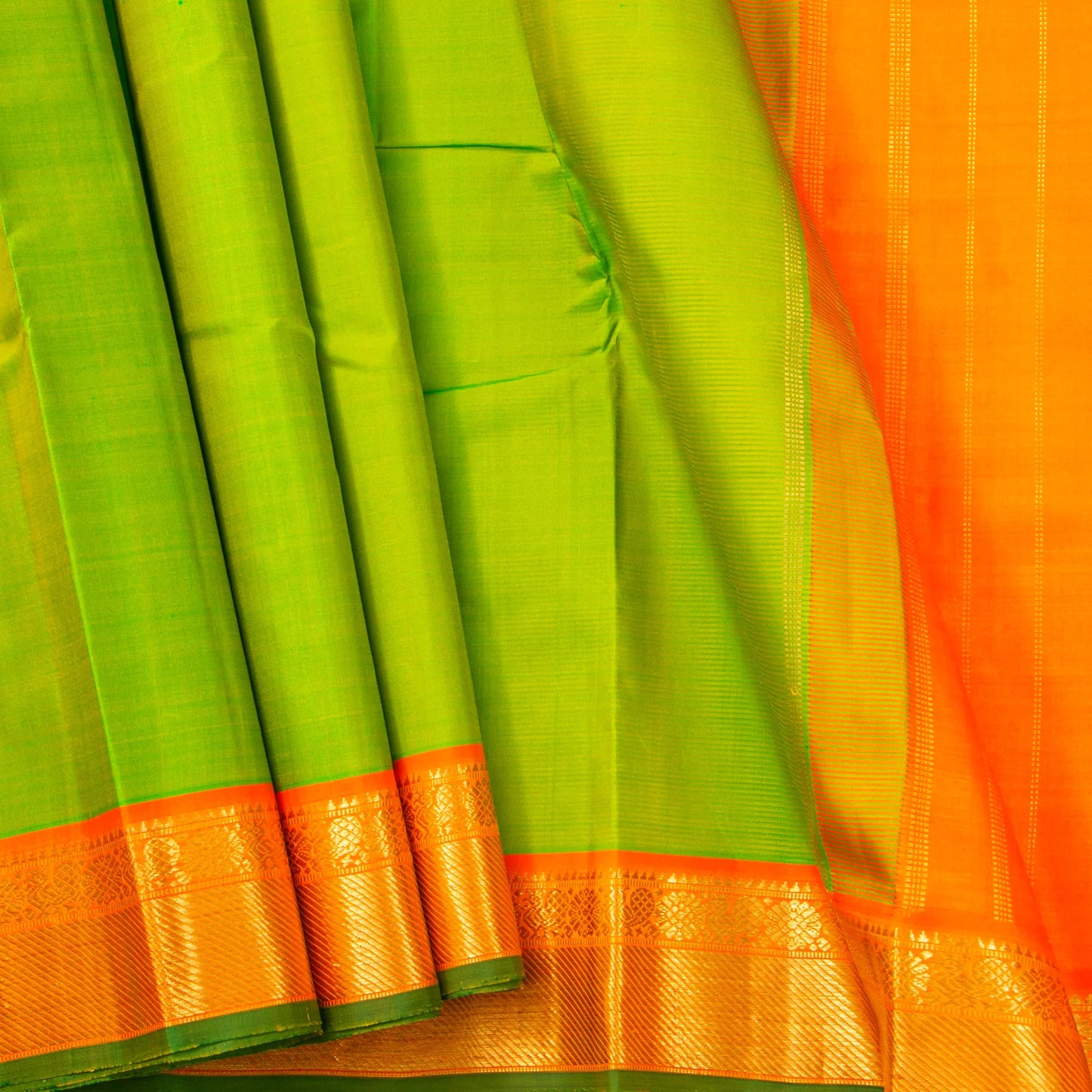 Light Green And Orange Kanchipuram Silk Saree For Festive Wear PV NYC 1821