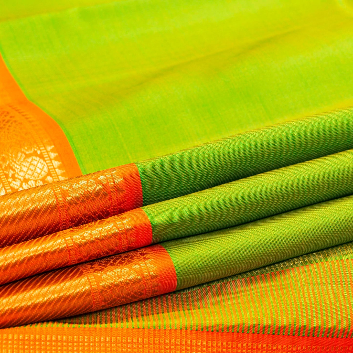 Light Green And Orange Kanchipuram Silk Saree For Festive Wear PV NYC 1821