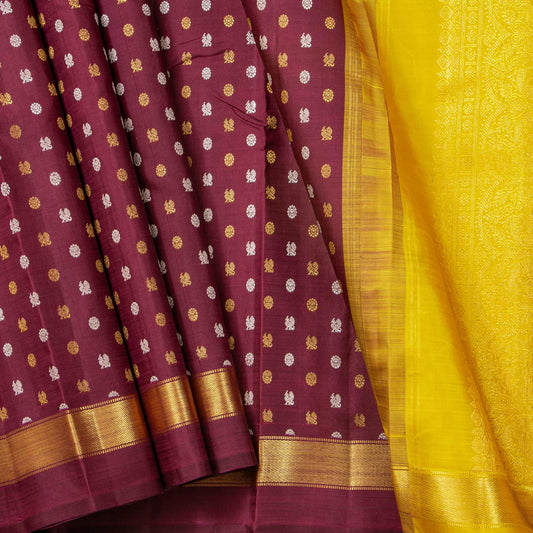 Maroon And Mustard Kanchipuram Silk Saree With Zari Buttas For Wedding Wear PV NYC 1743 - Silk Sari - Panjavarnam 