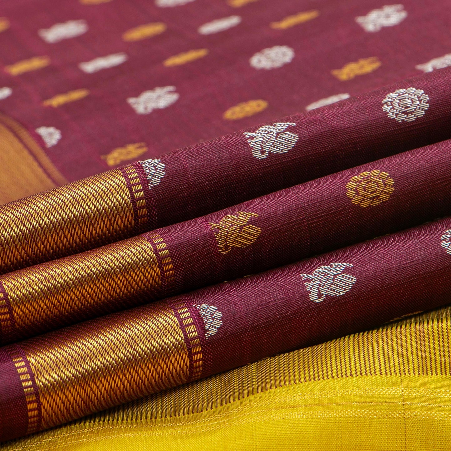 Maroon And Mustard Kanchipuram Silk Saree With Zari Buttas For Wedding Wear PV NYC 1743 - Silk Sari - Panjavarnam 
