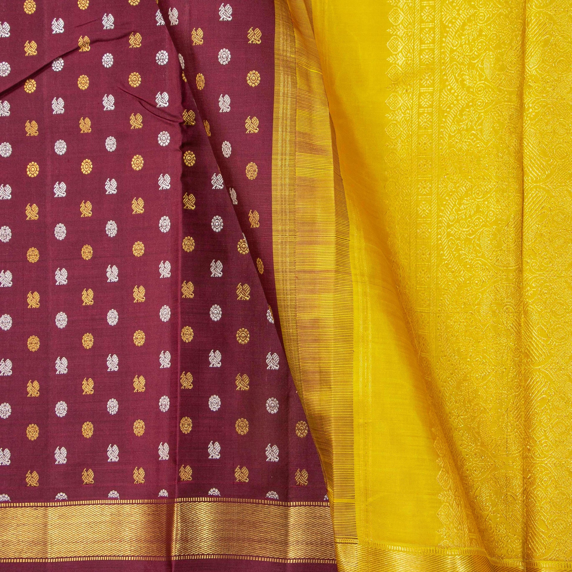 Maroon And Mustard Kanchipuram Silk Saree With Zari Buttas For Wedding Wear PV NYC 1743 - Silk Sari - Panjavarnam 