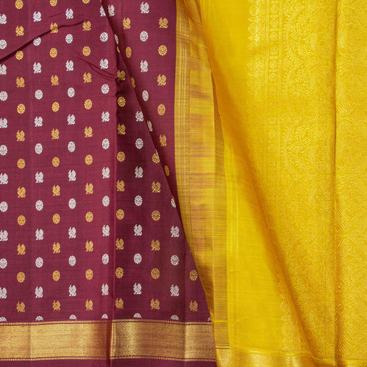 Maroon And Mustard Kanchipuram Silk Saree With Zari Buttas For Wedding Wear PV NYC 1743 - Silk Sari - Panjavarnam 