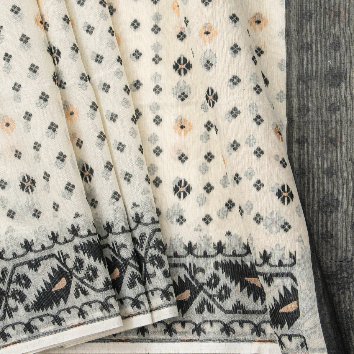 White And Black Dhakai Jamdani Muslin Silk Saree For Party Wear PV MJ 177