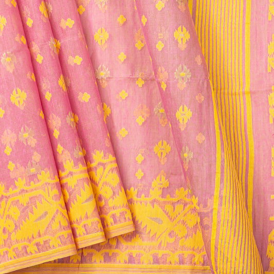 Pink And Yellow Dhakai Jamdani Muslin Silk Saree For Party Wear PV MJ 176