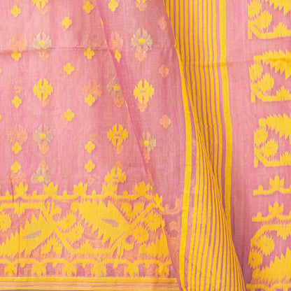Pink And Yellow Dhakai Jamdani Muslin Silk Saree For Party Wear PV MJ 176
