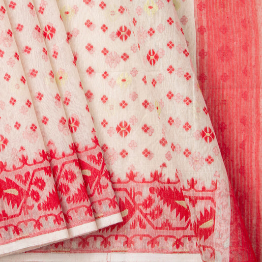 White And Red Dhakai Jamdani Muslin Silk Saree For Party Wear PV MJ 174