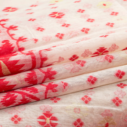 White And Red Dhakai Jamdani Muslin Silk Saree For Party Wear PV MJ 174