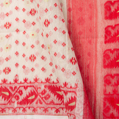 White And Red Dhakai Jamdani Muslin Silk Saree For Party Wear PV MJ 174