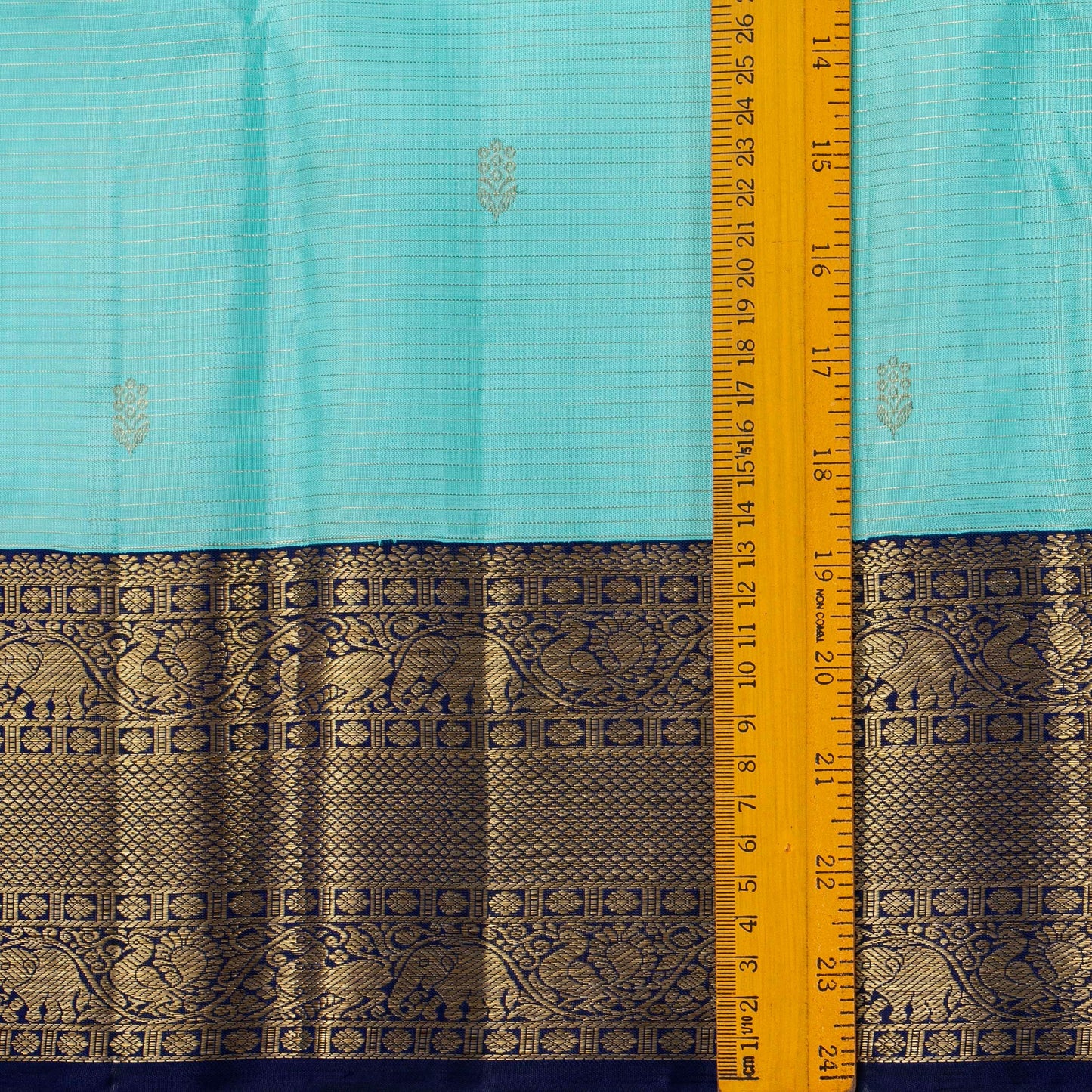 Turquoise And Dark Blue Kanchipuram Silk Saree With Vaira Oosi Zari Stripes For Wedding Wear PV NYC 1806