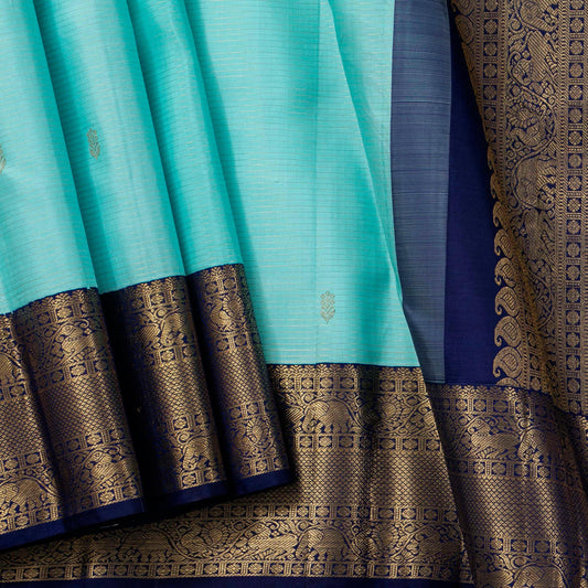Turquoise And Dark Blue Kanchipuram Silk Saree With Vaira Oosi Zari Stripes For Wedding Wear PV NYC 1806 - Silk Sari - Panjavarnam PV NYC 1806