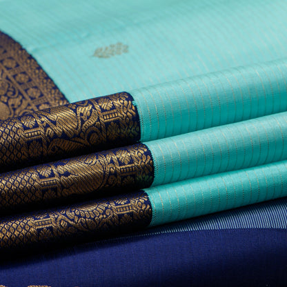 Turquoise And Dark Blue Kanchipuram Silk Saree With Vaira Oosi Zari Stripes For Wedding Wear PV NYC 1806