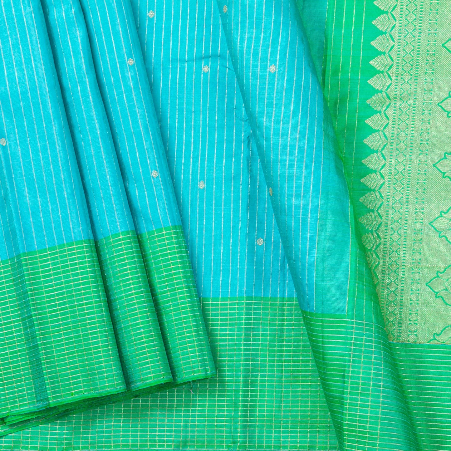 Blue And Green Kanchipuram Silk Saree With Zari Stripes For Wedding Wear PV NYC 1805