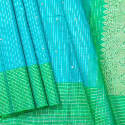 Blue And Green Kanchipuram Silk Saree With Zari Stripes For Wedding Wear PV NYC 1805