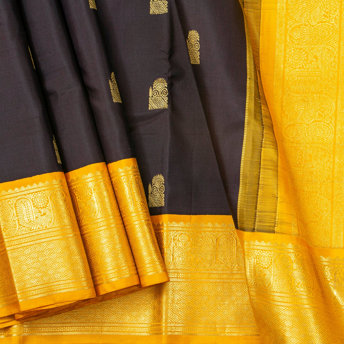 Brown And Yellow Kanchipuram Silk Saree For Festive Wear PV NYC 1844