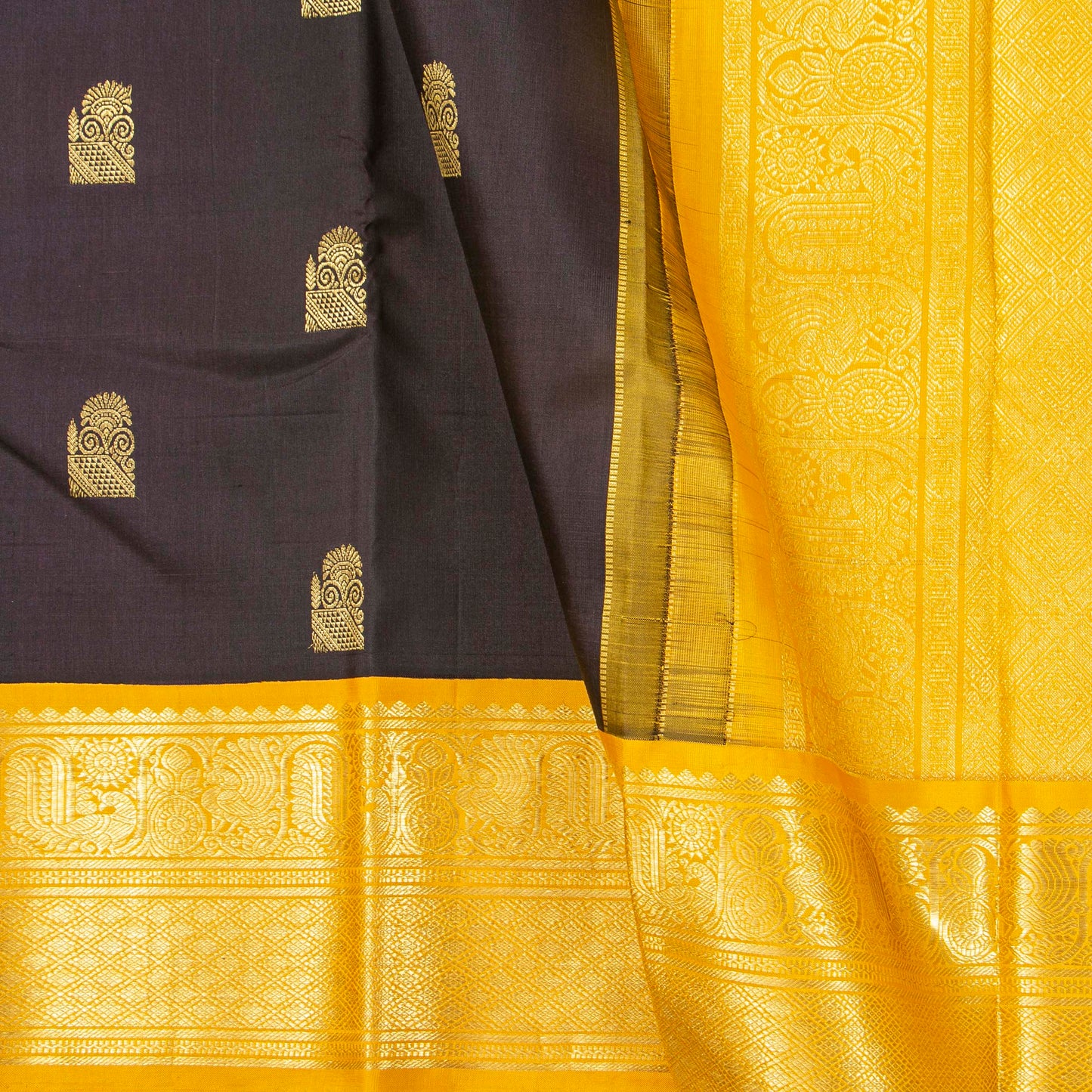 Brown And Yellow Kanchipuram Silk Saree For Festive Wear PV NYC 1844