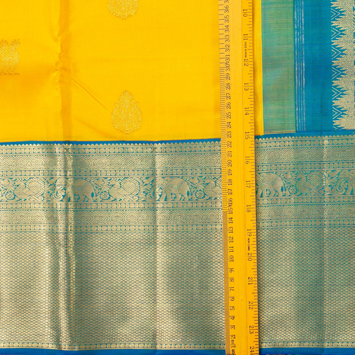 Yellow And Blue Kanchipuram Silk Saree For Festive Wear PV NYC 1848 - Silk Sari - Panjavarnam PV NYC 1848