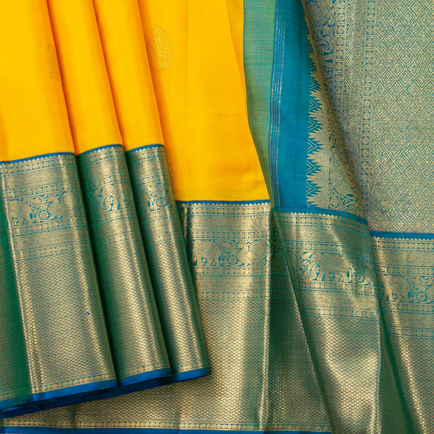 Yellow And Blue Kanchipuram Silk Saree For Festive Wear PV NYC 1848 - Silk Sari - Panjavarnam PV NYC 1848