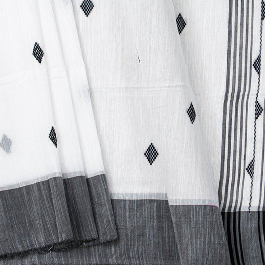 White And Black Dhakai Jamdhani Muslin Silk Saree With Tissue Zari PV MJ 171