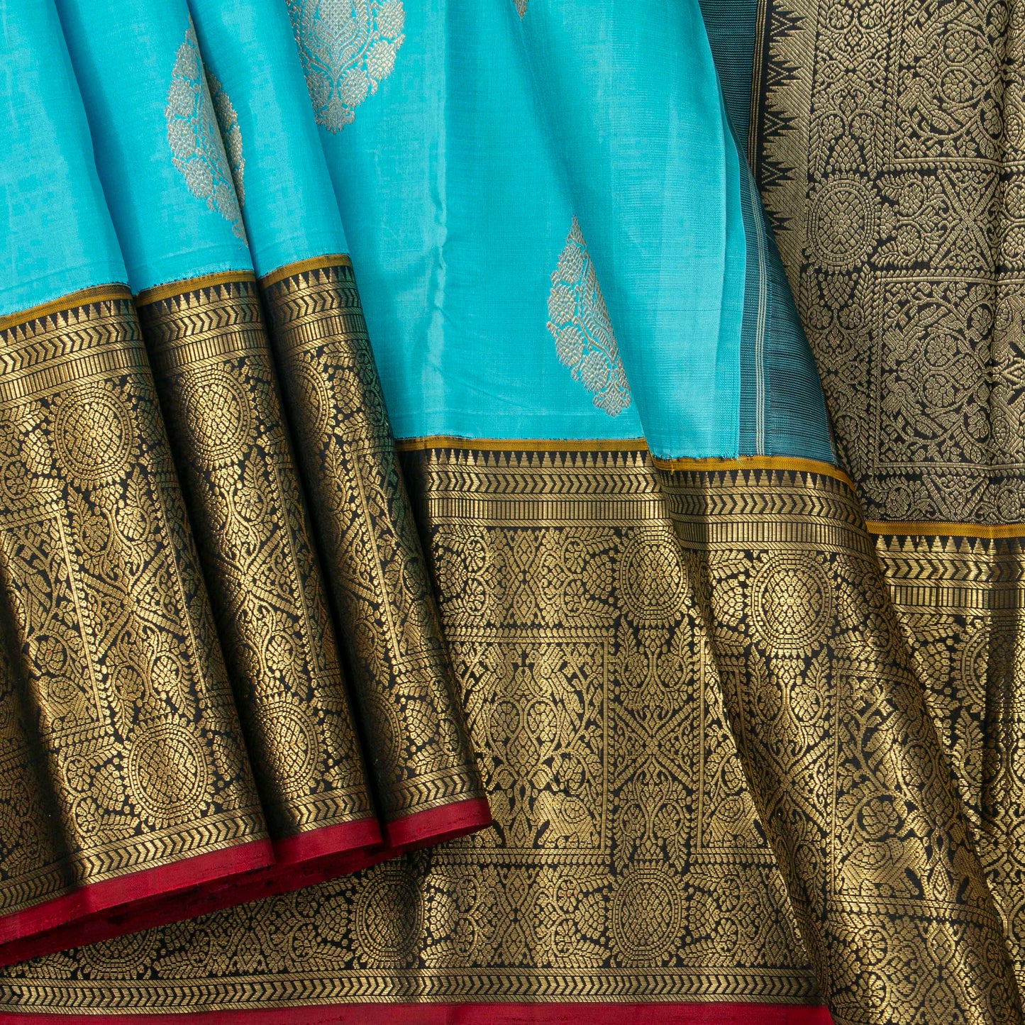 Turquoise Blue And Black Kanchipuram Silk Saree For Wedding Wear PV NYC 1852