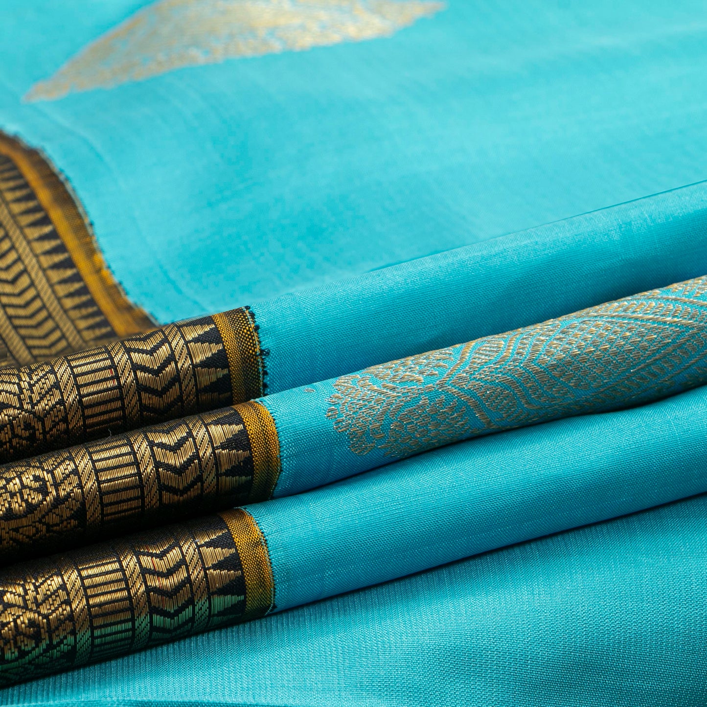 Turquoise Blue And Black Kanchipuram Silk Saree For Wedding Wear PV NYC 1852