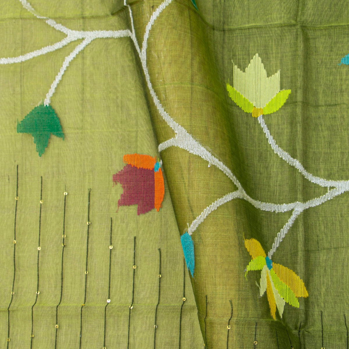 Green Dhakai Jamdani Muslin Silk Saree For Party Wear PV MJ 185