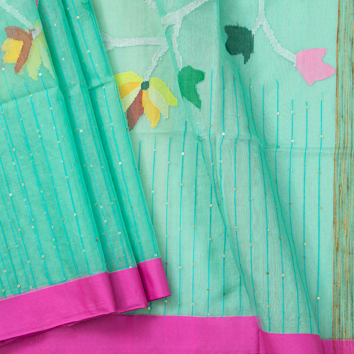 Aqua Blue Dhakai Jamdhani Muslin Silk Saree With Tissue Zari PV MJ 183