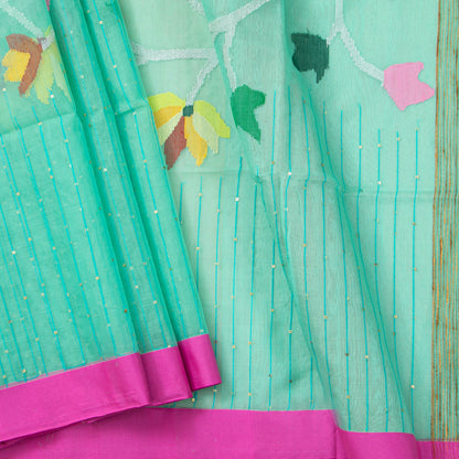 Aqua Blue Dhakai Jamdhani Muslin Silk Saree With Tissue Zari PV MJ 183