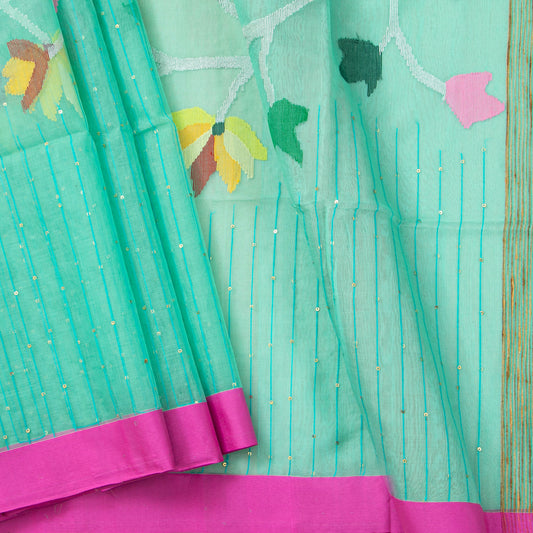 Aqua Blue Dhakai Jamdhani Muslin Silk Saree With Tissue Zari PV MJ 183