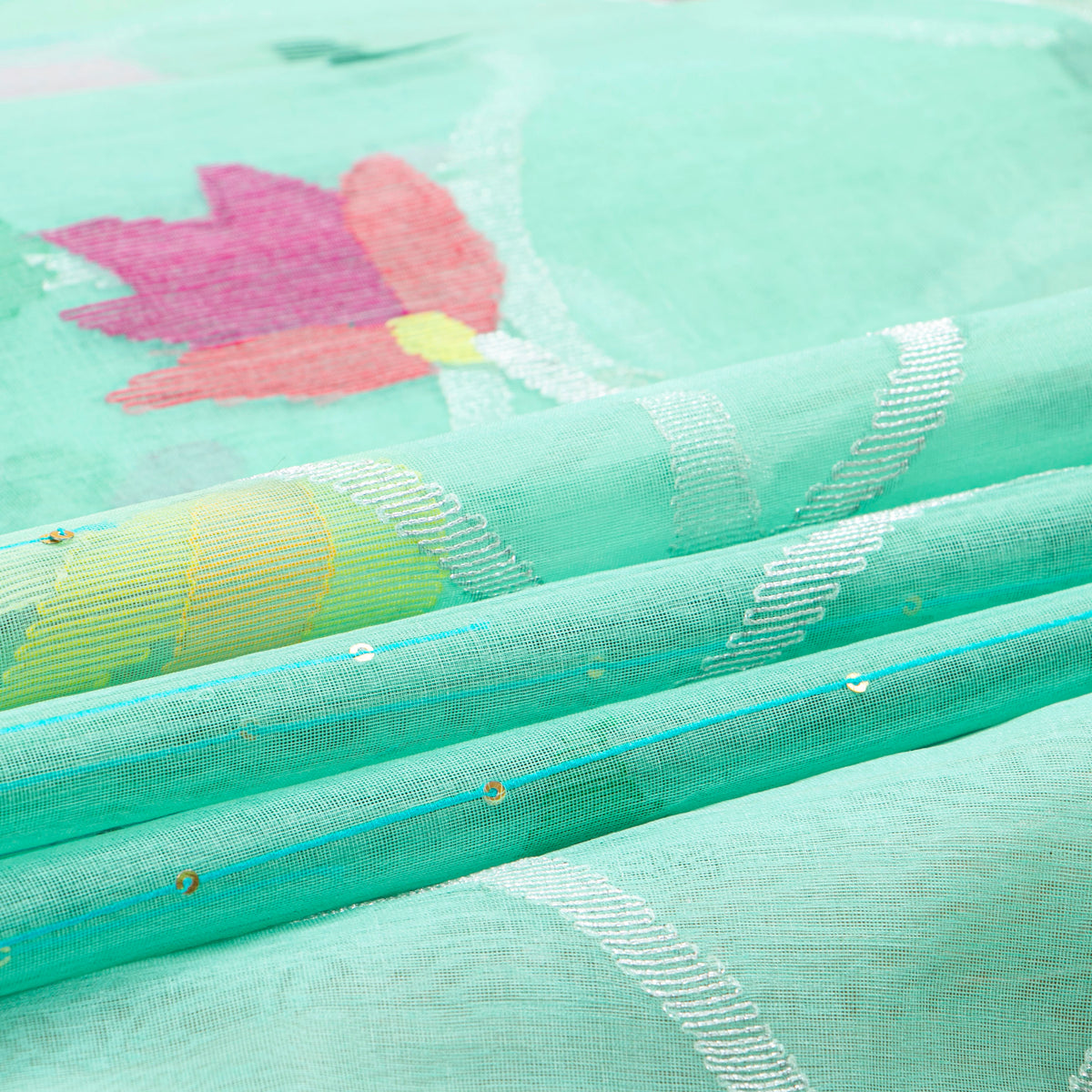Aqua Blue Dhakai Jamdhani Muslin Silk Saree With Tissue Zari PV MJ 183