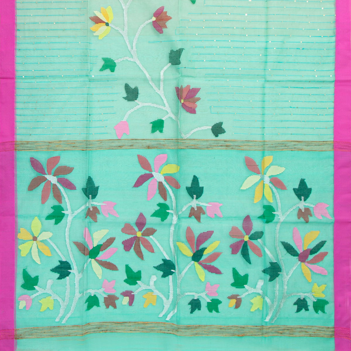 Aqua Blue Dhakai Jamdhani Muslin Silk Saree With Tissue Zari PV MJ 183