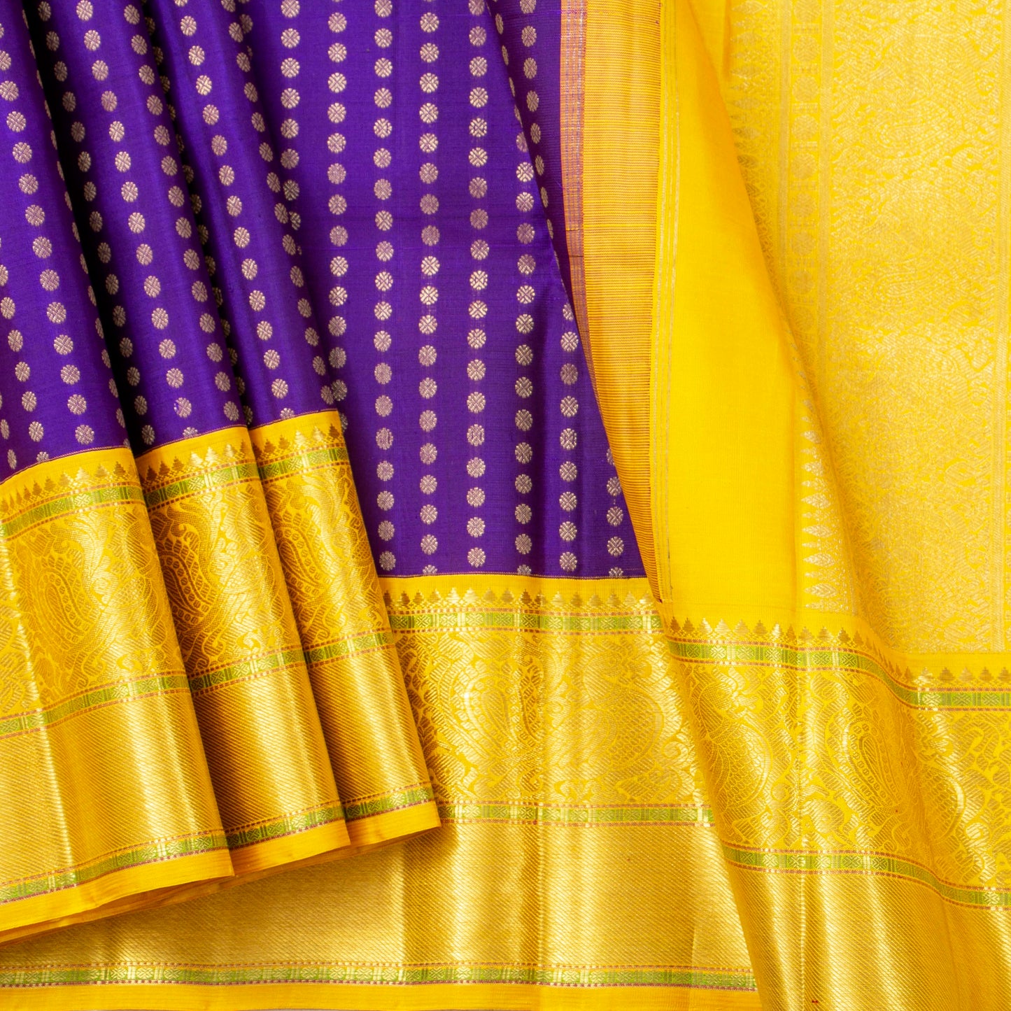 Violet And Yellow Kanchipuram Silk Saree For Wedding Wear PV NYC 1761