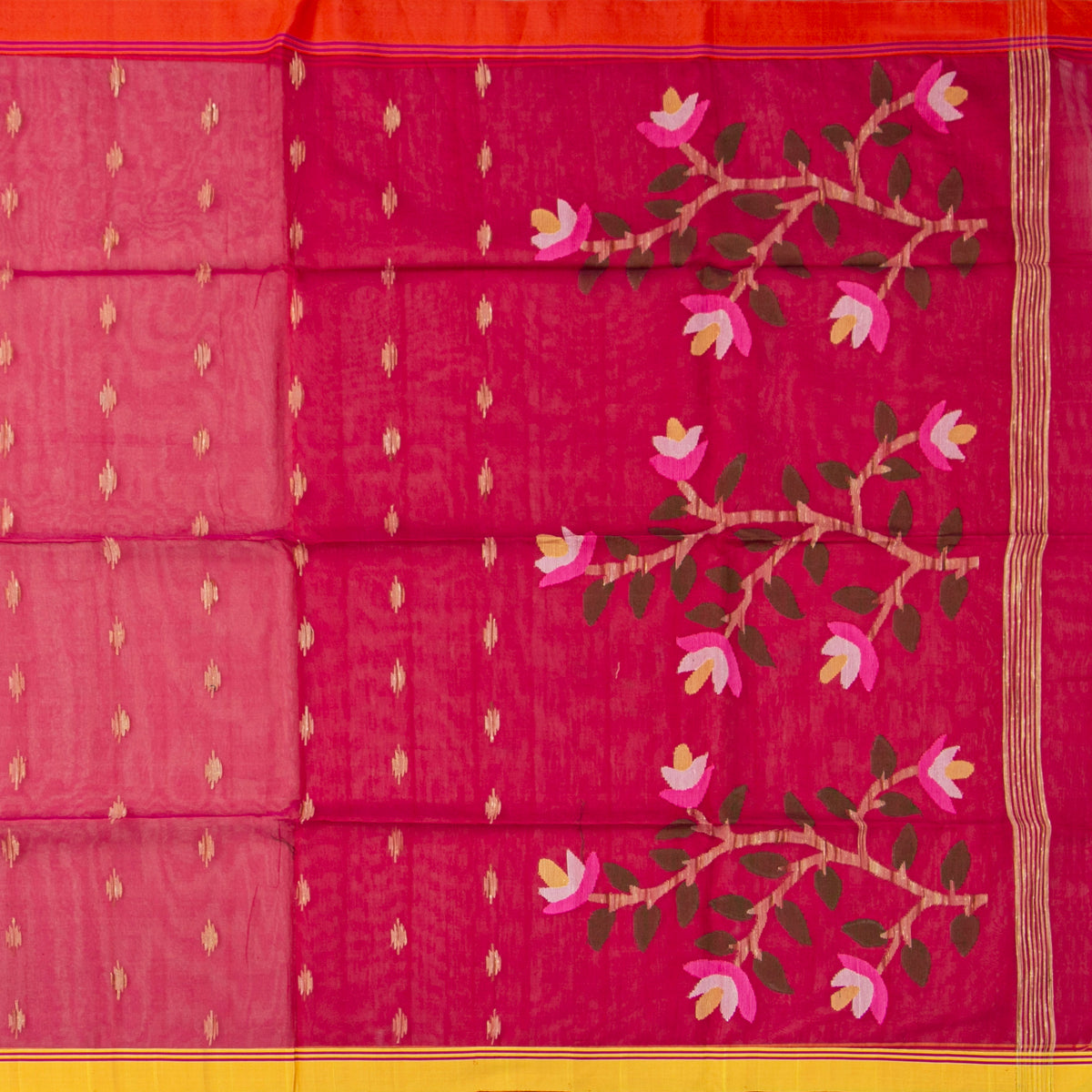 Red Dhakai Jamdhani Muslin Silk Saree With Tissue Zari PV MJ 182