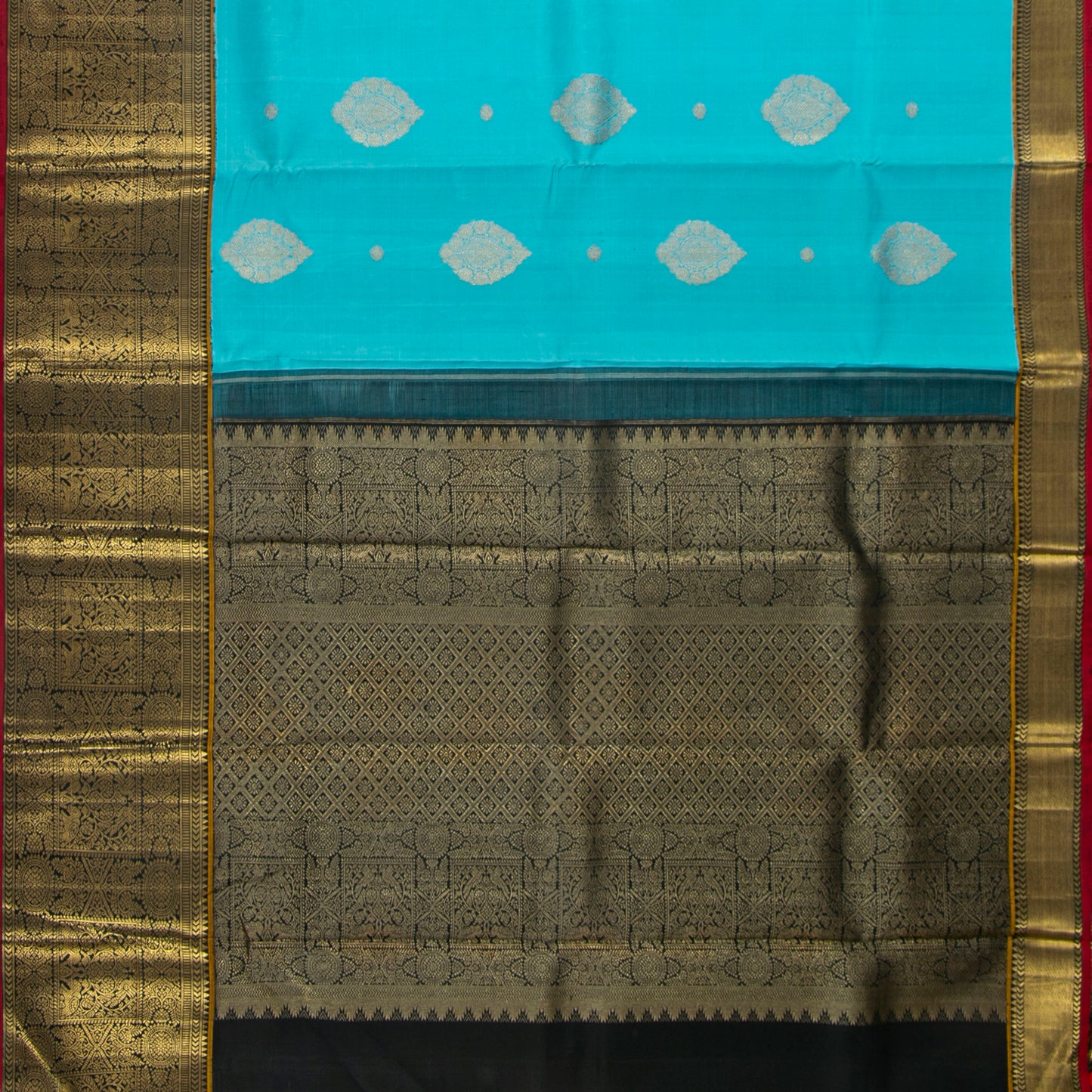 Turquoise Blue And Black Kanchipuram Silk Saree For Wedding Wear PV NYC 1852